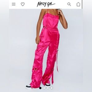Pink satin jumpsuit, perfect for a girls night or bachelorette!